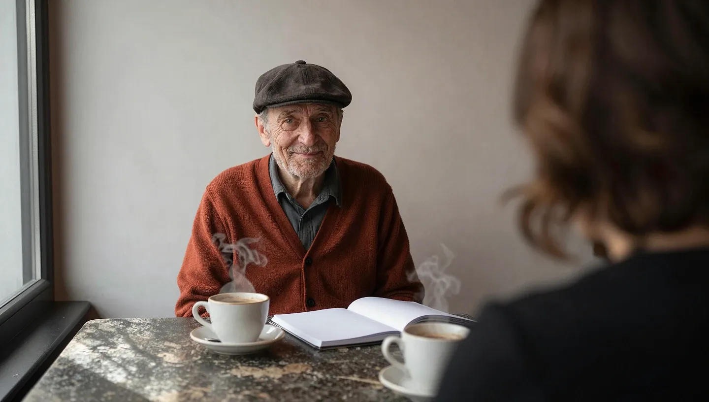 Mężczyzna w czapce siedzi w kawiarni przy drewnianym stoliku, słucha i robi notatki w otwartym notesie obok dwóch filiżanek kawy.